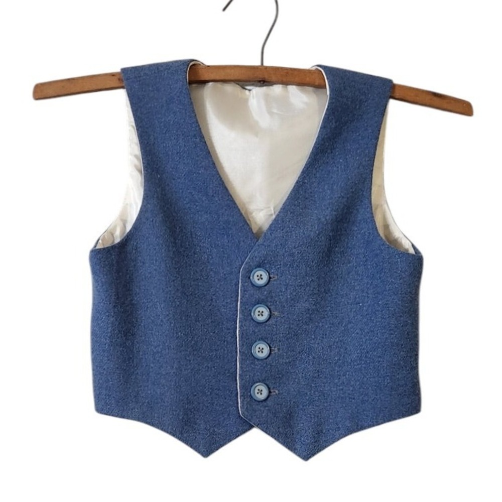 Vintage Handmade Sleeveless‎ Lined Blue Wool Blend Vest Youth Boys Size Small